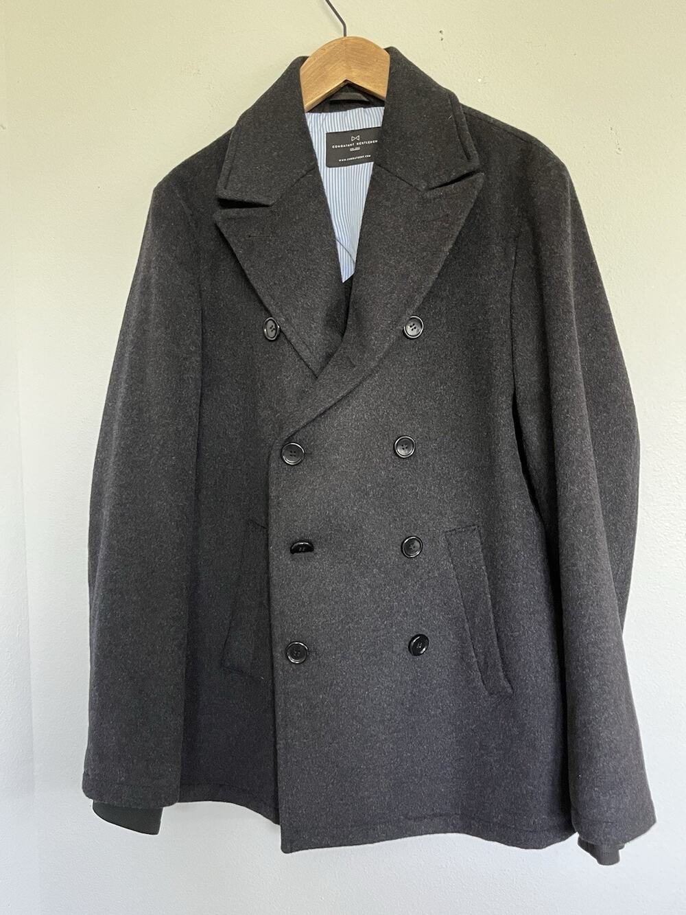 Combatant Gentlemen Men's Preppy Black Wool Double Breasted Pea Coat Jacket Sz L